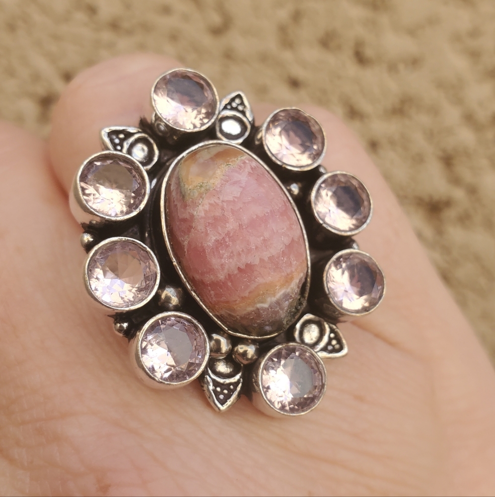 New Oversized Rhodochrosite & Kunzite 925 Silver Statement Ring.